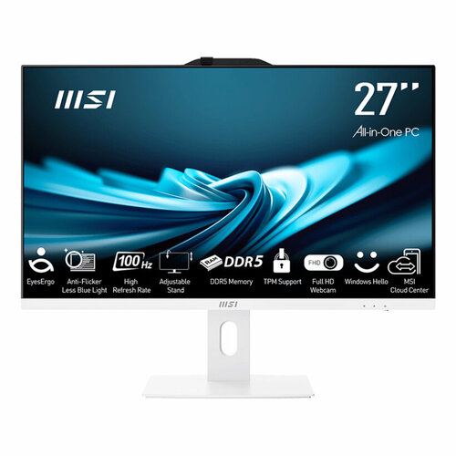 Моноблок MSI Pro AP272P 14M AiO 27 FHD (1920x1080)IPS AG Non-touch, Core i7-14700 (2.1GHz), 16Gb DDR4(2x8Gb), 512GB SSD M.2, Intel UHD, WiFi, BT, camera, WirelessKBamp; mouse Eng/ Rus, noOS,1y war-ty, White (9S6-AF8322-664)