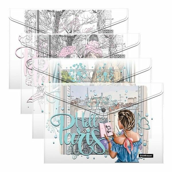Набор из 4 папок-конвертов на кнопке А4 Dreamy Girls 160 мкм