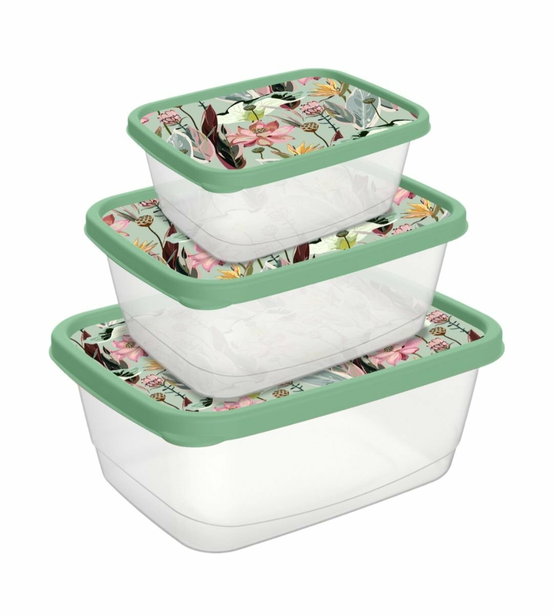 Комплект контейнеров прямоугольных для продуктов 3 шт (0,5л+0,85л+1,5л) ULMI plastic с декором (зеленый) — фото 1