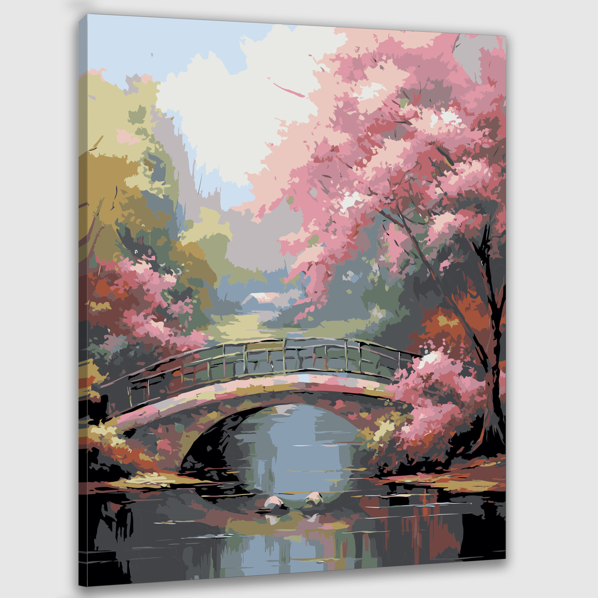 Картина по номерам 50х40 "Пейзаж с каменным мостом и расцветшими деревьями"