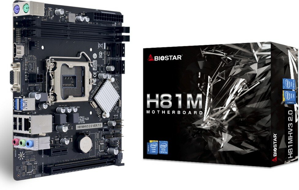 Материнская плата BIOSTAR H81MHV3 2.0/3.0, Socket 1150, Intel H81, 2xDDR3-1600, D-SUB+HDMI, 1xPCI-Ex16, 1xPCI-Ex1, 2xSATA3, 2xSATA2, 6 Ch Au