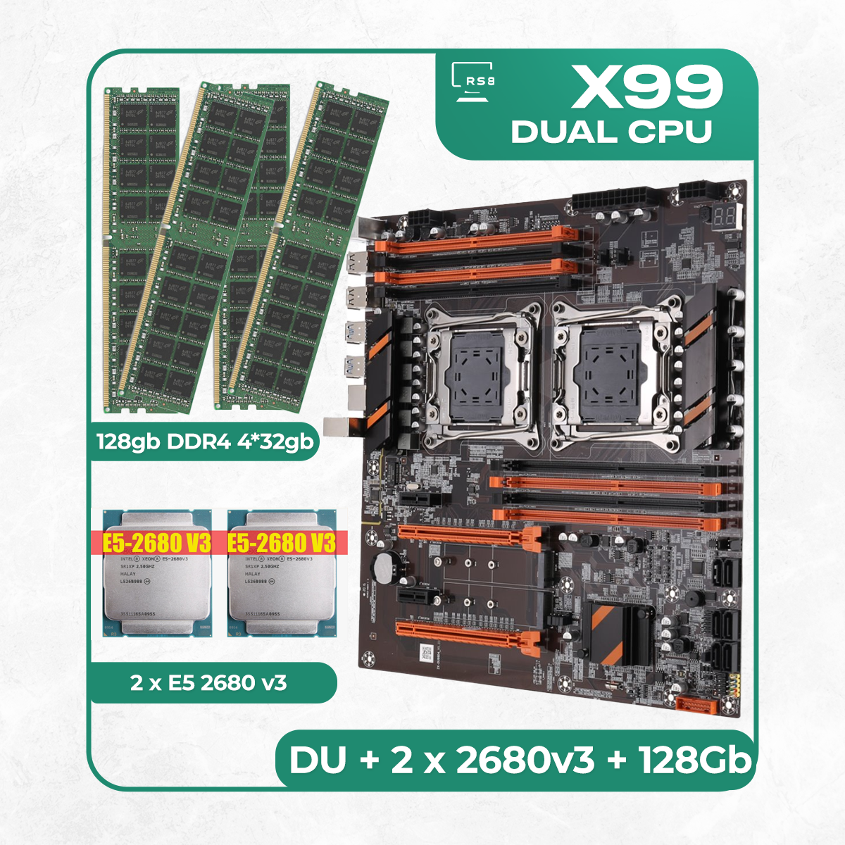 Комплект материнской платы X99: ZX-DU99D4 + 2 x Xeon E5 2680v3 + DDR4 128Гб 4х32Гб