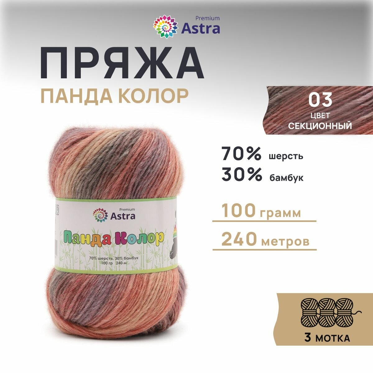 Пряжа для вязания Astra Premium 'Панда Колор' (Panda Color) 100г, 240м (70% шерсть, 30% бамбук) (03 секционный), 3 мотка