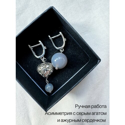 Серьги непарные , фианит, агат, размер 45 мм, серебристый