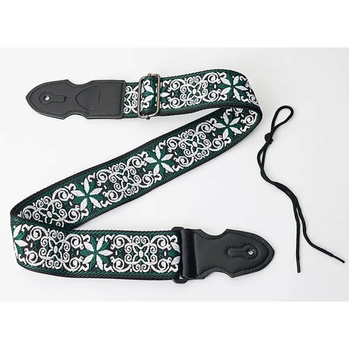 Ремень для акустической и классической гитары с этническим рисунком. Хлопок. 150 см. Зеленые и белые цветы