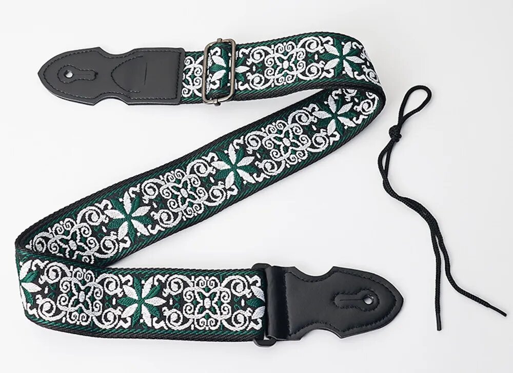 Ремень для акустической и классической гитары с этническим рисунком. Хлопок. 150 см. Зеленые и белые цветы