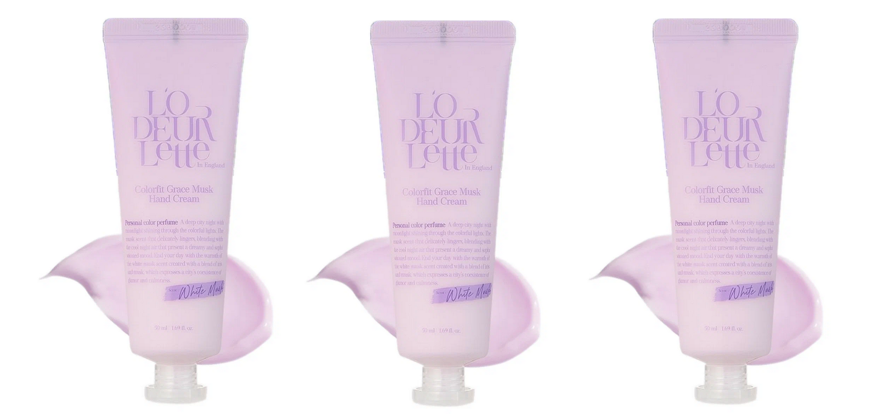 Крем для рук LODEURLETTE увлажняющий, с ароматом белого мускуса, In England Colorfit Grace Musk Hand Cream, 50 мл - 3 штуки