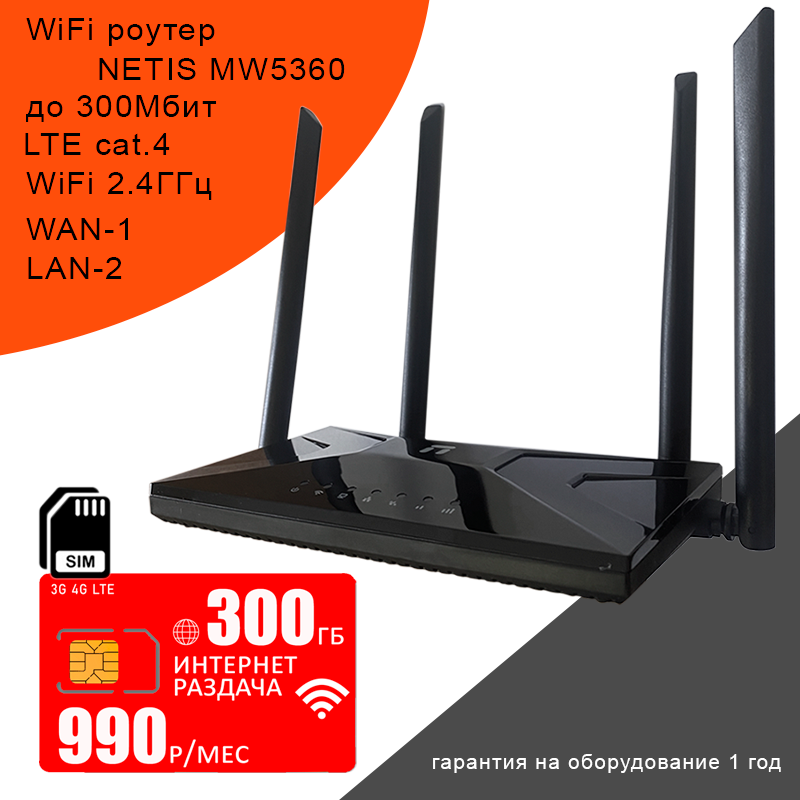 WiFi роутер NETIS MW5360 + сим карта мтс с интернетом и раздачей 300ГБ за 990р/мес