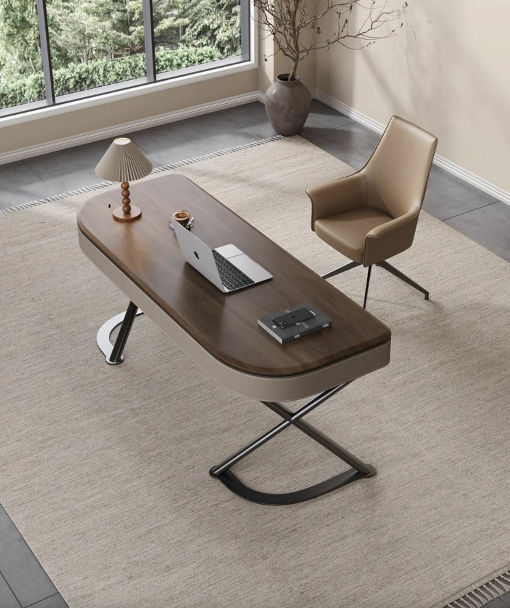 Дизайнерский компьютерный стол Lyon, дерево орех + сталь 120 см. / 65 см.