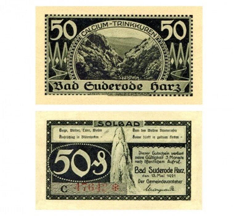 Германия 50 пфеннигов 1921 Бад-Зудероде, вид 4, сувенирная копия нотгельда, банкноты и купюры редкие коллекционные