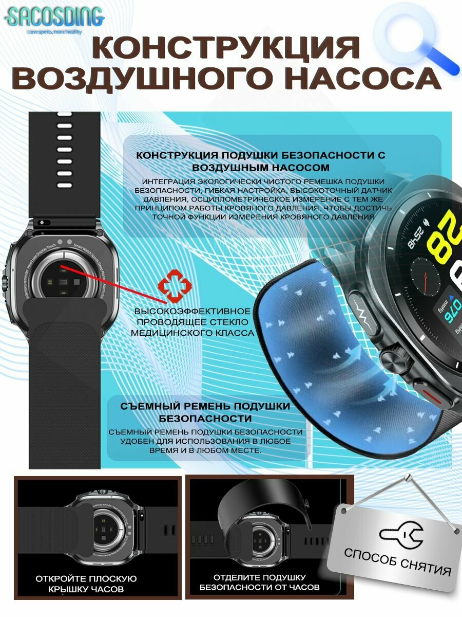 Изображение Удобная подушка для измерения артериального давления в воздушном насосе (съемная) Smartwatch с HD-экраном 466*466 с функцией измерения уровня глюкозы в крови, мочевой кислоты, сна и температуры
