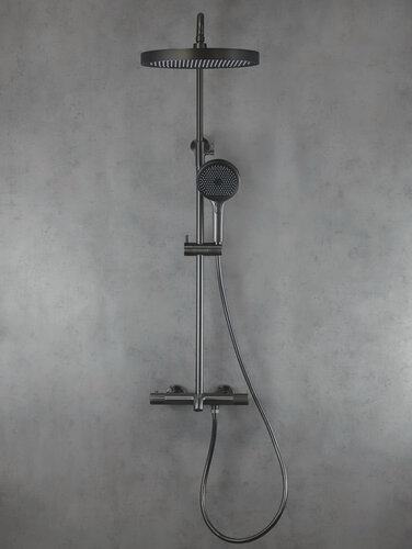 Изображение товара Душевая система с тропическим душем и смесителем с термостатом, оружейная сталь