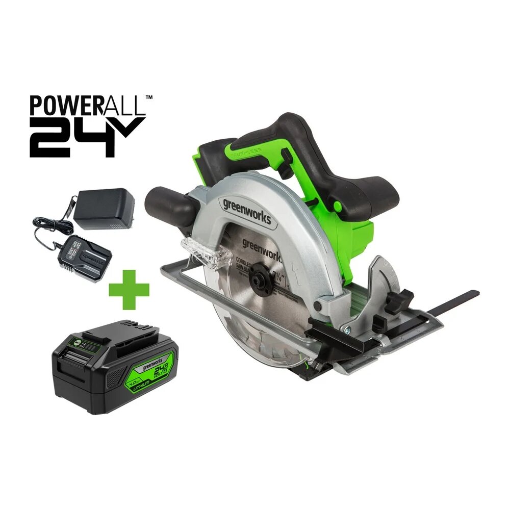 Дисковая пила GreenWorks GD24CS 24V б/щет диск 185х20мм 4500 об/мин рез 63мм1x4Ач ЗУ коробка 1500907VUB