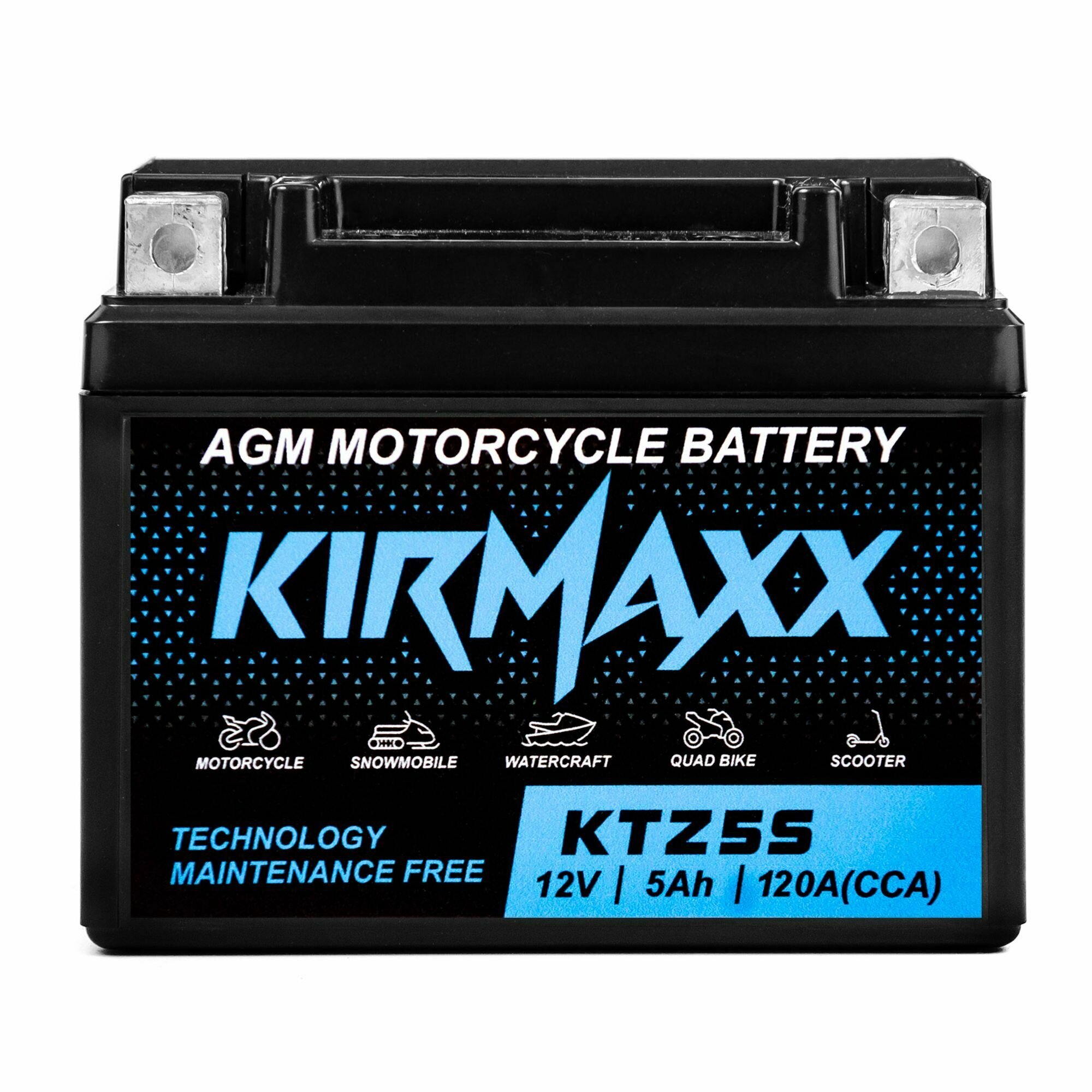 Мото Аккумулятор Kirmaxx AGM 12В 5 А/ч (CT1205.2, YTX4L-BS, YTZ5S) для мопеда, скутера, мотоцикла, ИБП 12V 5Ah