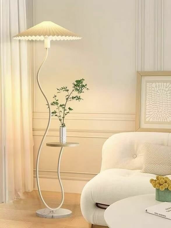 Торшер Oliver Light, E27, Винтажный кремовый стиль, теплый белый свет, со столиком，Белый абажур