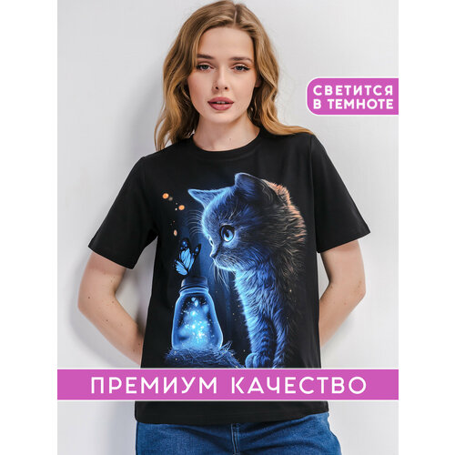 фото Футболка арт-империя светящаяся с котиками и бабочкой, размер xs, черный