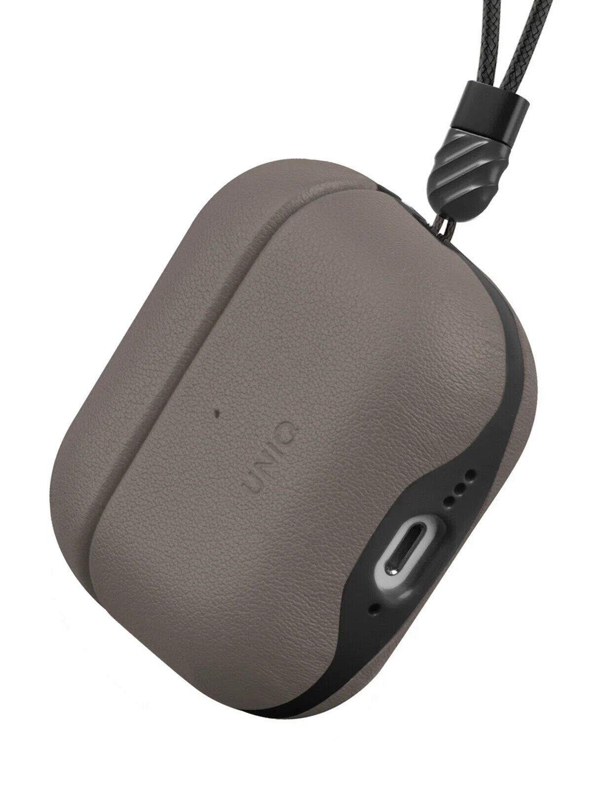 Кожаный чехол с ремешком Uniq Lyden DS для AirPods 4, серый (FLINT GREY) — фото 1