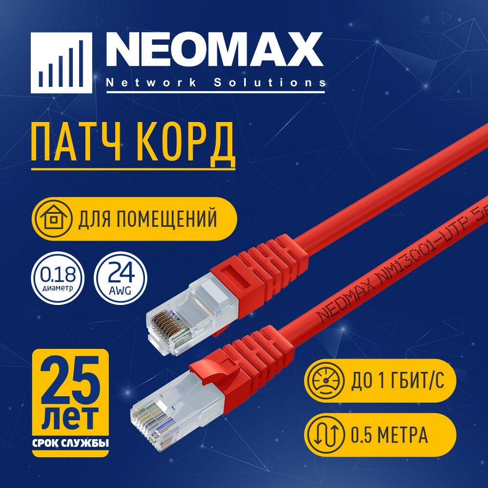 Neomax Неомакс Патч-корды NM13001-005R Шнур коммут. UTP 0.5 м, cat.5е, красный, многожильный