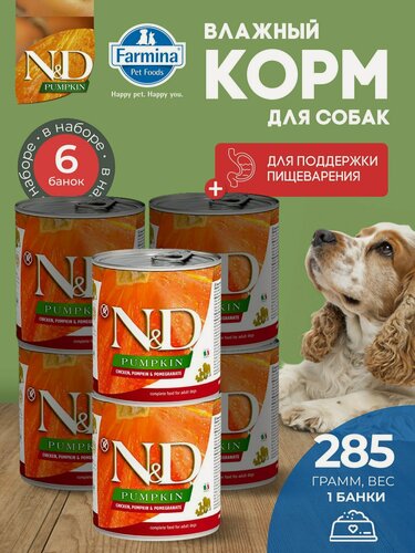Изображение товара Консервированный влажный корм, Farmina N&D Pumpkin, Н&Д для собак с Тыквой, курица и гранат Фармина 285 г - 6 шт