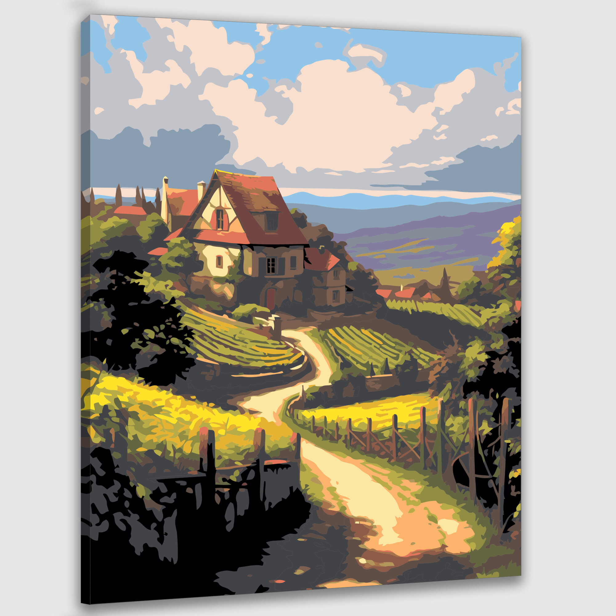 Картина по номерам 40x50 см, природа, деревня, ландшафт, холмы, зелень, коттеджи, улочки, спокойствие, гармония