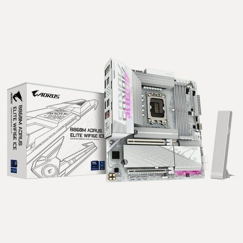 Изображение товара Материнская плата Gigabyte B860M AORUS ELITE WIFI6E ICE, LGA1851, Intel B860, Micro-ATX, RTL (B860M AORUS ELITE WIFI6E ICE)