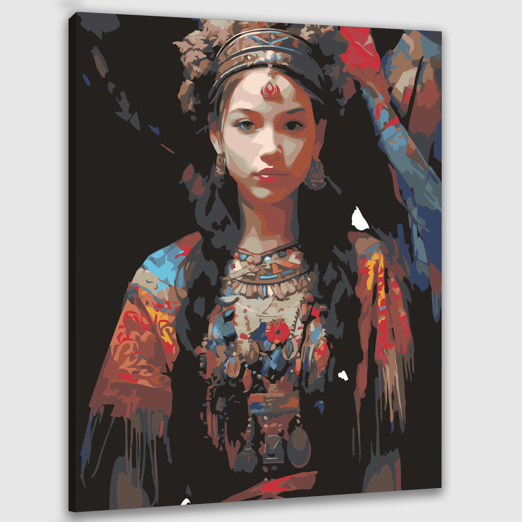 Картина по номерам 40x50 см, картина, масло, девушка, костюм, вышивка, текстура, наряд, символические элементы, обычаи