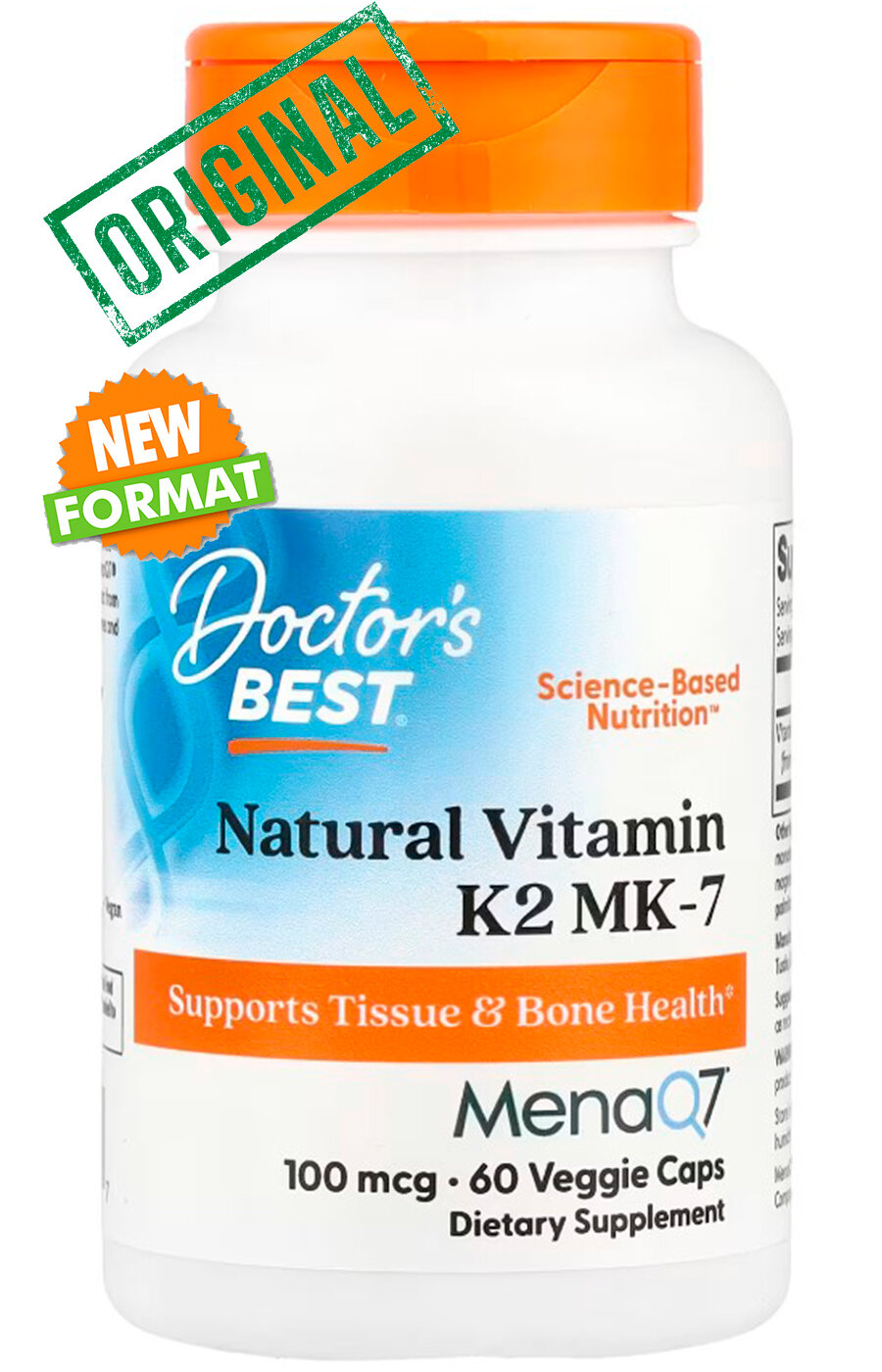 Doctor's Best, Natural Vitamin K2 MK-7 с MenaQ7, витамин К2, здоровье костей и сердечно-сосудистой системы, 60 капс.