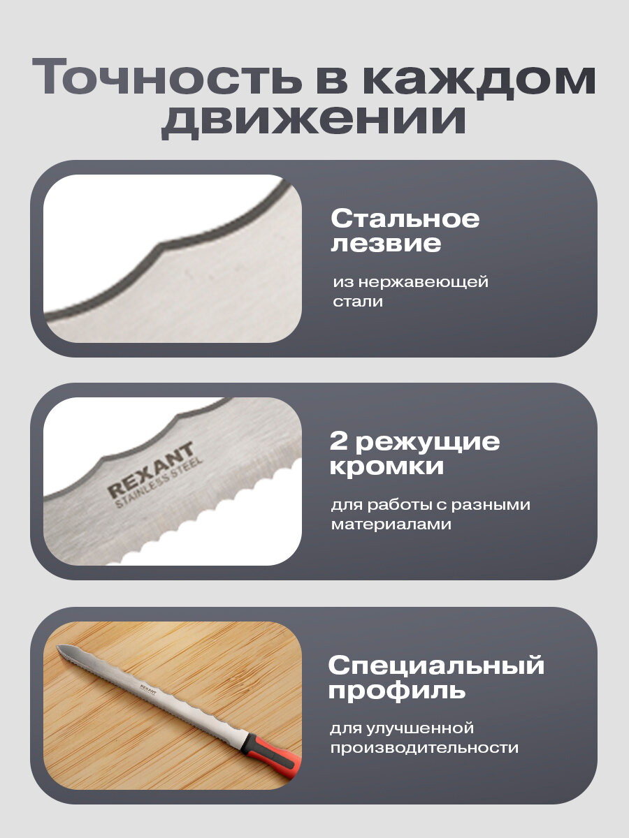 Строительный нож REXANT для резки теплоизоляционных панелей и изоляционных материалов, общая длина 420 мм — фото 1