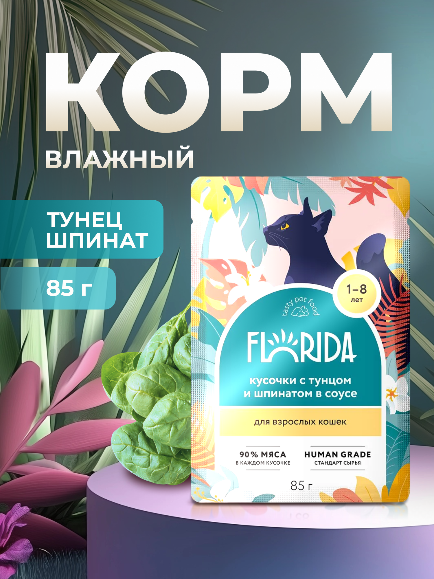 Влажный корм Florida пауч для кошек кусочки с Тунцом и шпинатом в соусе 85г