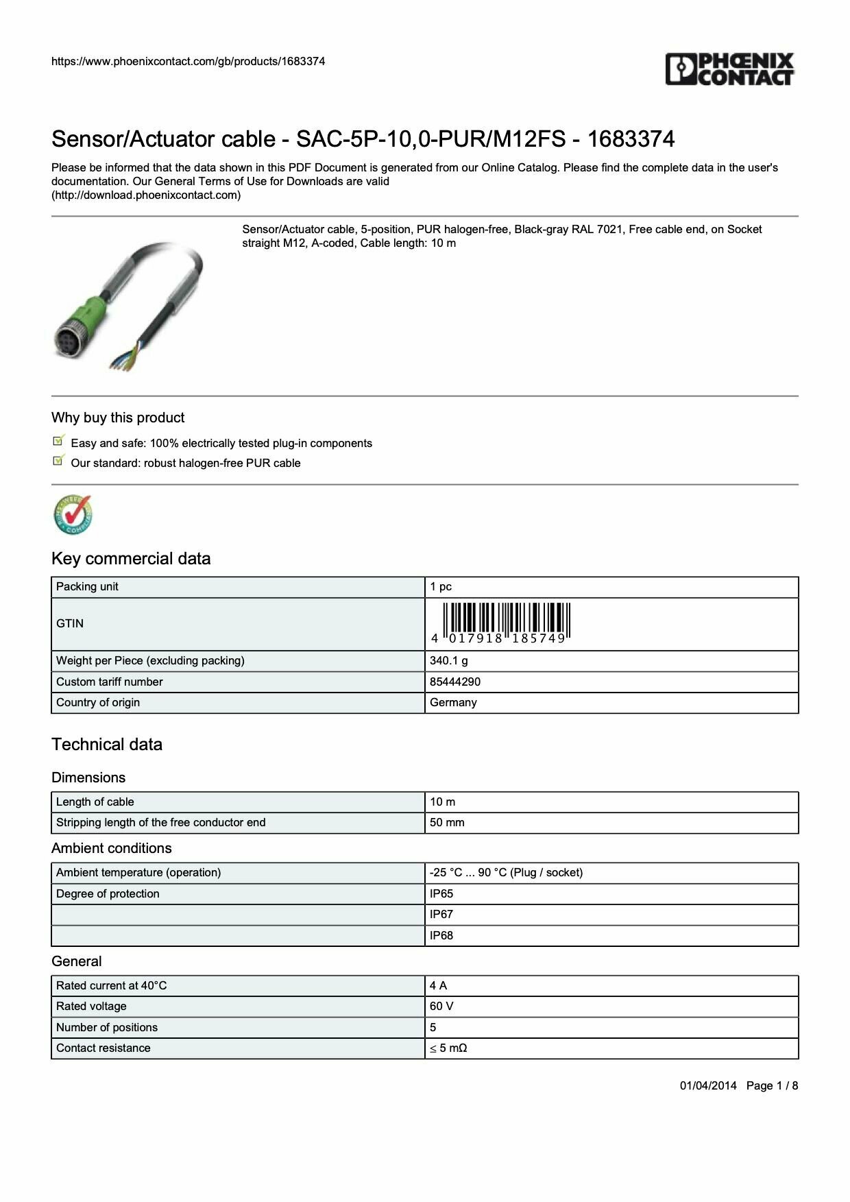 Кабель для датчиков М12 SAC-5P-10,0-PUR/M12FS 1683374 — фото 1