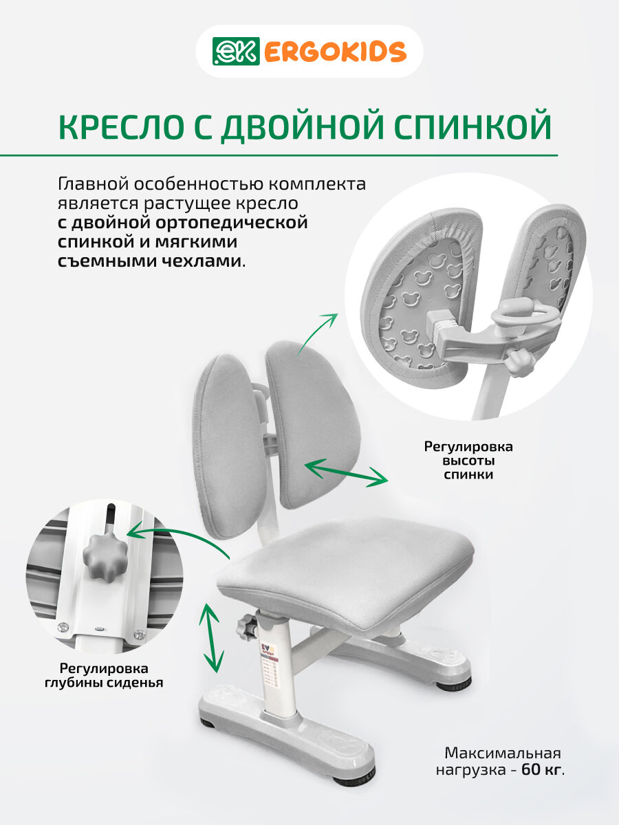 Растущий стол и стул детский комплект Ergokids Panda XL BD-29 серый — фото 1