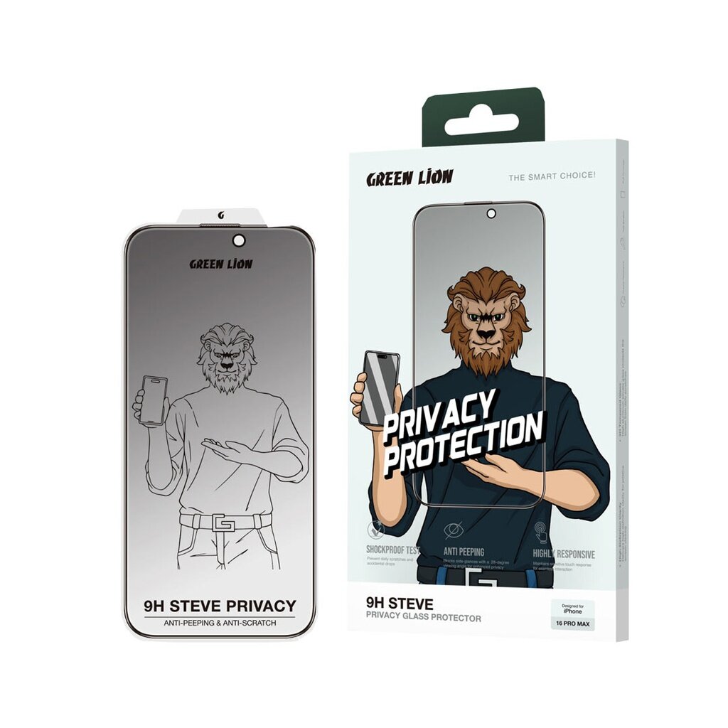 Защитное стекло GREEN LION Green Steve Privacy, для iPhone 16 Pro, полное покрытие, антишпион