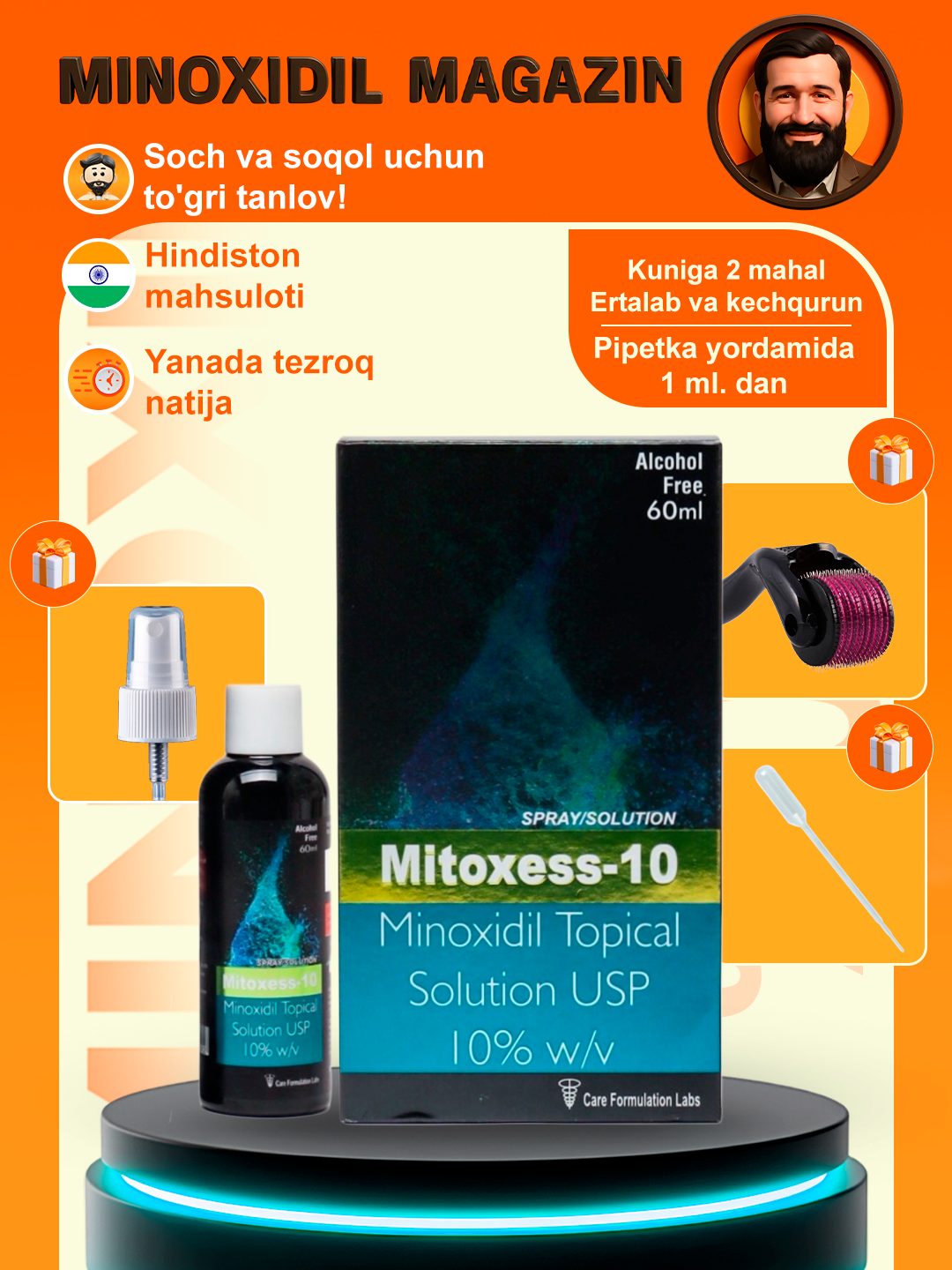 Миноксидил 10 Mitoxess Minoxidil Topical Solution USP 10%, для роста волос и бороды, 60 мл