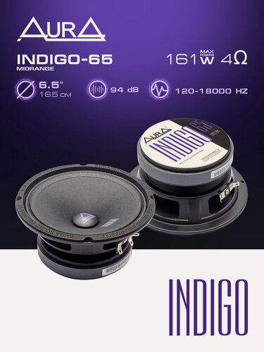 Изображение товара Колонки автомобильные эстрадная акустика AurA INDIGO-65, пассивные, эстрадные, 16,5 см, 81-161Вт, 94дБ, черные