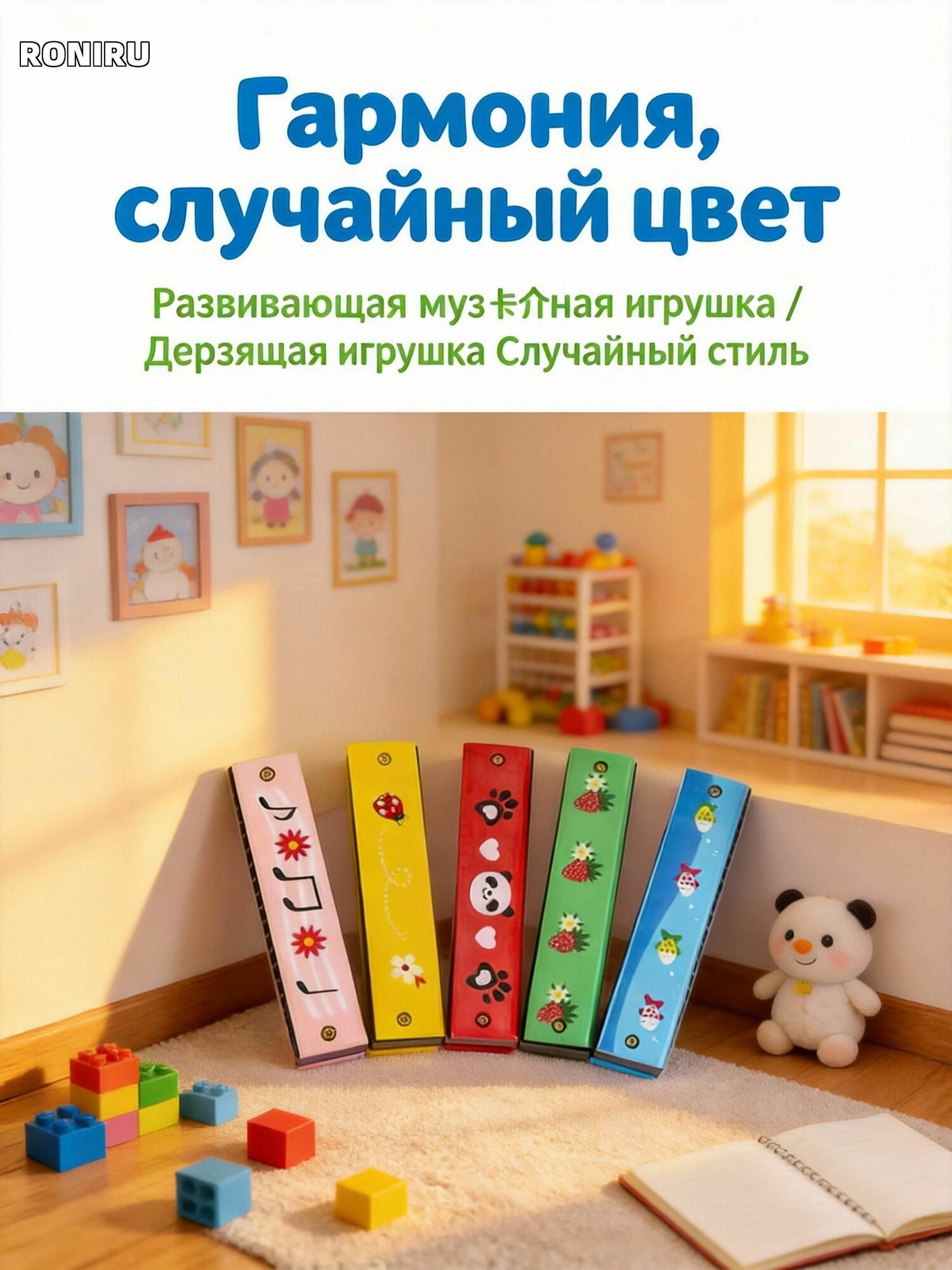 Губная гармошка развивающая музыкальная игрушка для малышей, деревянная в случайном стиле для игровых занятий и раннего слушания