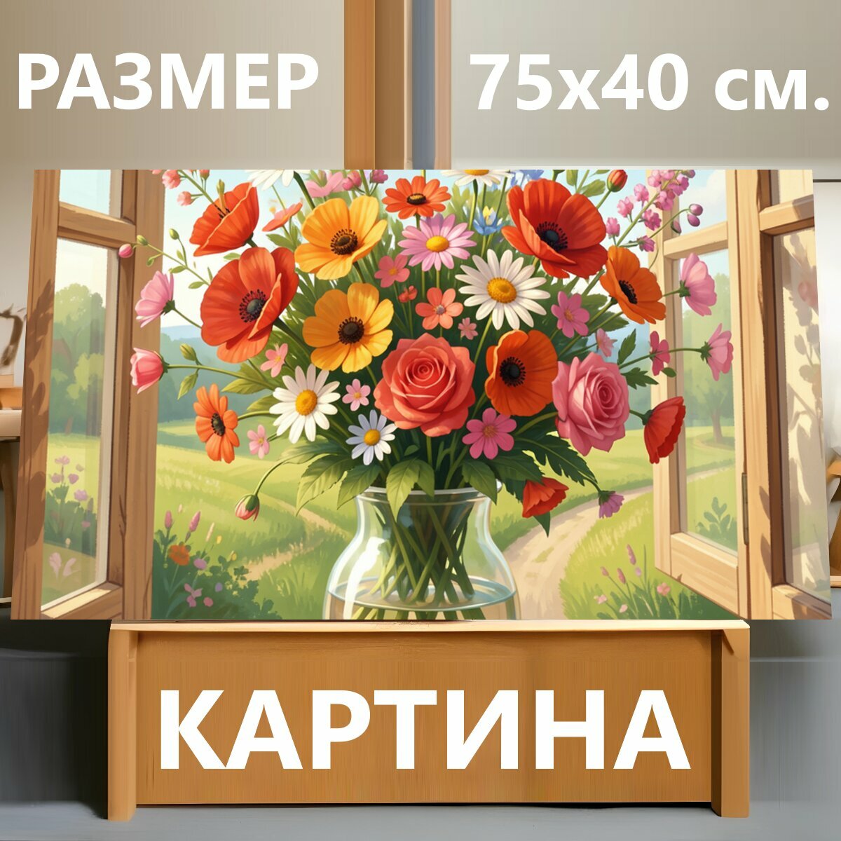 Картина на холсте "Цветочный букет у открытого окна. Яркая летняя композиция в стеклянной вазе на подоконнике, алые, розовые и оранжевые цветы." на подрамнике 75х40 см. для интерьера