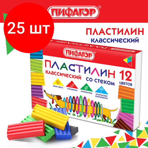 Комплект 25 шт, Пластилин классический пифагор Веселая такса, 12 цветов, 180 г, со стеком, 106675 пластилин классический пифагор веселая такса 12 цветов 180 г со стеком