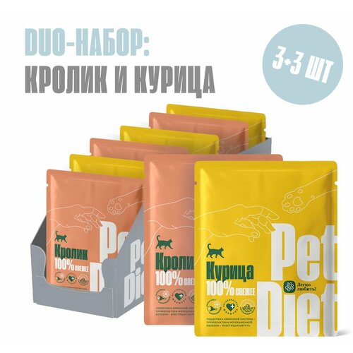 Дуо набор натурального корма из курицы и кролика Pet Diet, 6 пакетиков по 160 гр