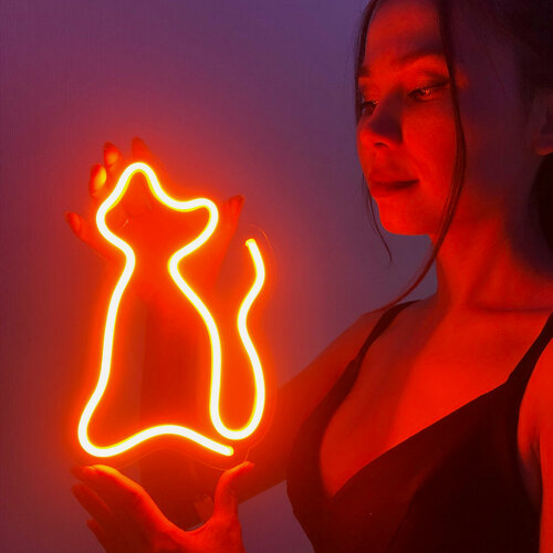 Изображение товара Неоновый светильник, неоновая светодиодная вывеска на стену, настенная неоновая лампа "Кошка" для дома, 16 х 24 см. с диммером