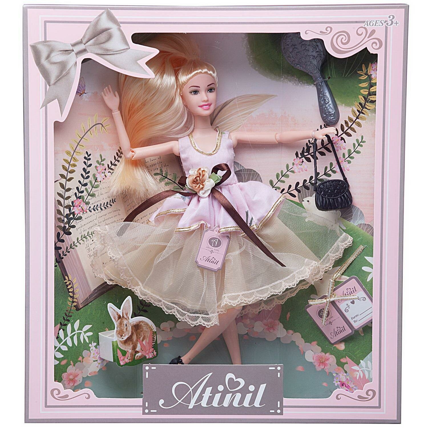 Кукла Junfa Atinil (Атинил) Весенняя свежесть в платье (розовый с цветами верх и воздушная юбка) с сумочкой и расческой, 28см WJ-21537/модель2
