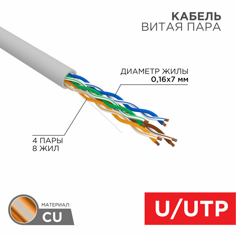 Кабель витая пара REXANT UTP 4PR 24AWG, CAT5e, STRANDED (бухта 305 м)