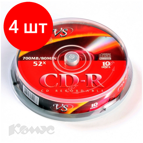 диски cd r vs 700 mb 52x комплект 10 шт cake box vscdrcb1001 Комплект 4 упаковок, Носители информации CD-R, 52x, VS, Cake/10, VSCDRCB1001