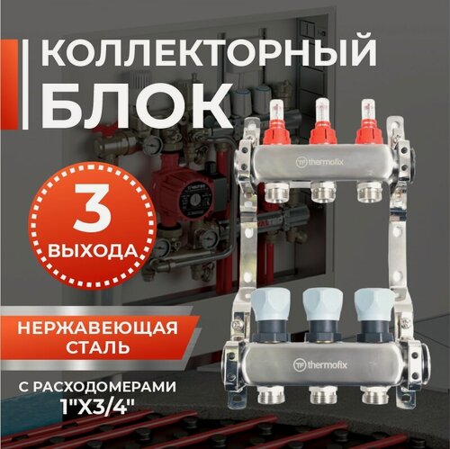 Изображение товара Коллекторная группа из нержавеющей стали Thermofix, 1 дюйм и 3/4 дюйма 3 контура