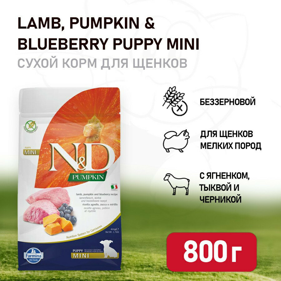 Farmina N&D Pumpkin Dog Grain Free Lamb & Blueberry Puppy Mini сухой беззерновой корм для щенков мелких пород с ягненком, черникой и тыквой - 800 г