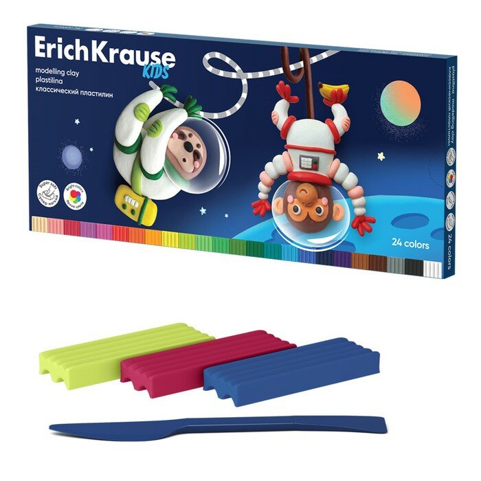 ErichKrause Пластилин 24 цвета, 432 г, ErichKrause "Kids Space Animals", со стеком, в картонной упаковке