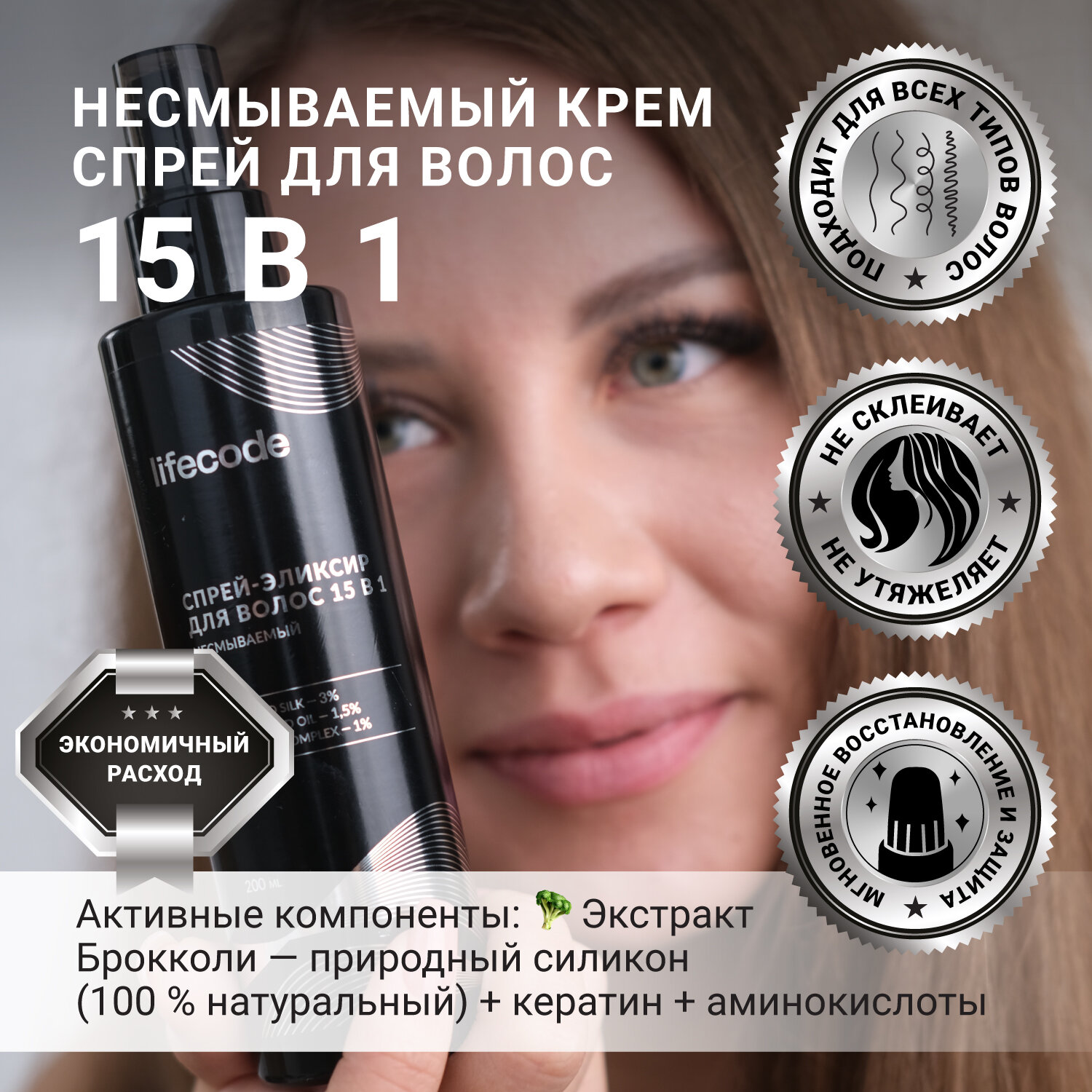 Спрей для волос 15 в 1 несмываемый Lifecode. Эликсир многофункциональный 200 мл. Термозащита