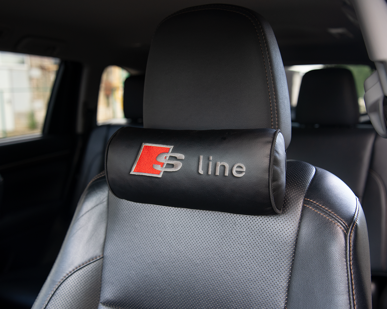 Автомобильная подушка-валик на подголовник экокожа Black c вышивкой AUDI S Line