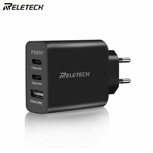 Reletech 65W USB C GaNIII Быстрое зарядное устройство, PPS 3 порта, компактный складной, USB-A + 2 * USB-С ЕС Быстрое зарядное устройство, Чёрный