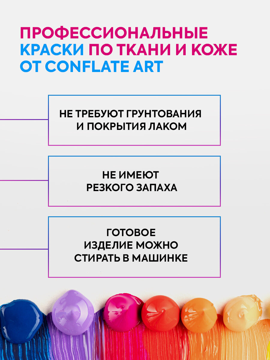 Набор акриловых красок Conflate Art, для ткани, одежды и кожи, 12 цветов х 20мл — фото 1