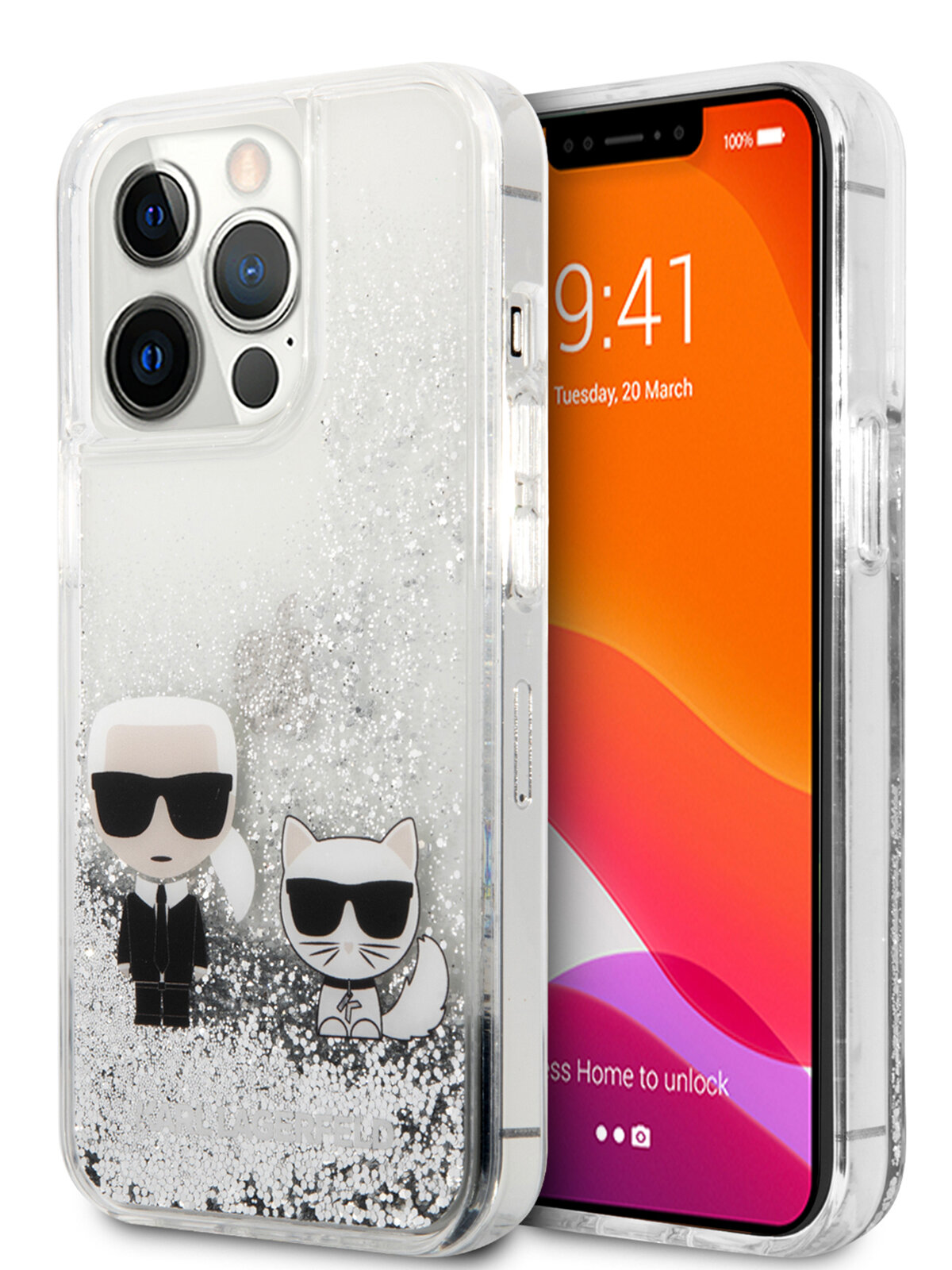 Lagerfeld для iPhone 13 Pro чехол Liquid glitter Karl & Choupette Hard Silver